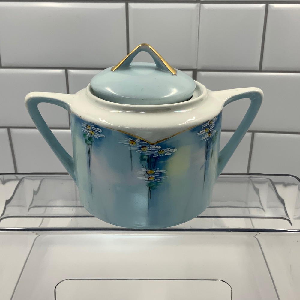 Vintage Bavaria Sugar Bowl Hand Painted Floral Porcelain Blue White